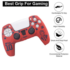 Hicle Messi Edition Silicone Protective Cover for PS5 Controller – Anti-Slip Red Soft Grip with Engraved Football Graphic and Jersey Number Design