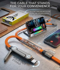 HICLE 240W Type-C Fast Charging Cable with Adjustable Stand, Nylon Braided, Orange