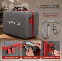 PS5/PS4 Carrying & Travel Case with EVA Fabric Protection for Console & Accessories - Grey with Red Zipper