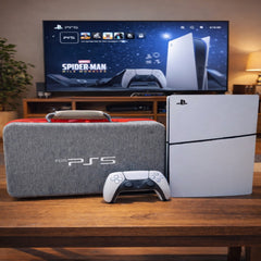 PS5/PS4 Carrying & Travel Case with EVA Fabric Protection for Console & Accessories - Grey with Red Zipper